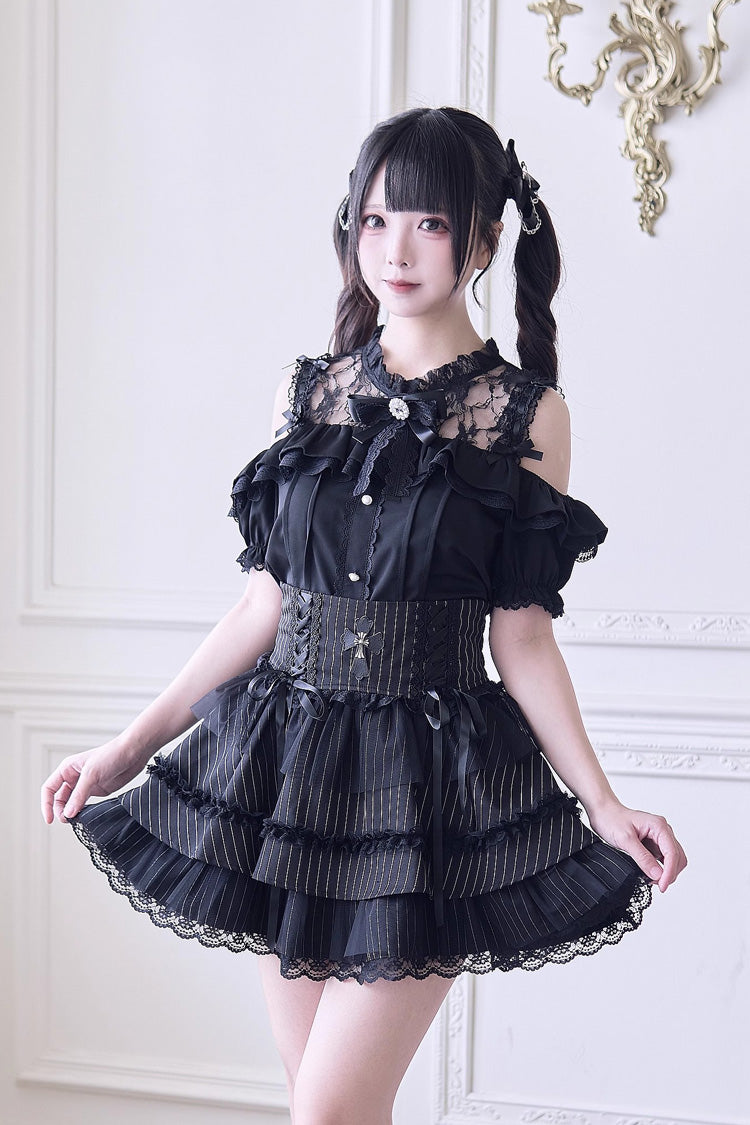 Alternative Fashion Shirt - Off Shoulder Hollow Bowknot, 3 Colors, Lace Trim, Sweet Style - additional product view 6