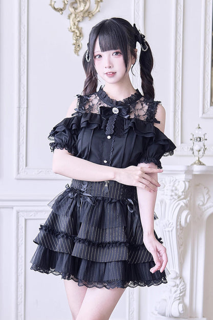 Alternative Fashion Shirt - Off Shoulder Hollow Bowknot, 3 Colors, Lace Trim, Sweet Style - M Black / L Black / XL Black option