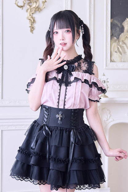 Alternative Fashion Shirt - Off Shoulder Hollow Bowknot, 3 Colors, Lace Trim, Sweet Style - M Pink / L Pink / XL Pink option