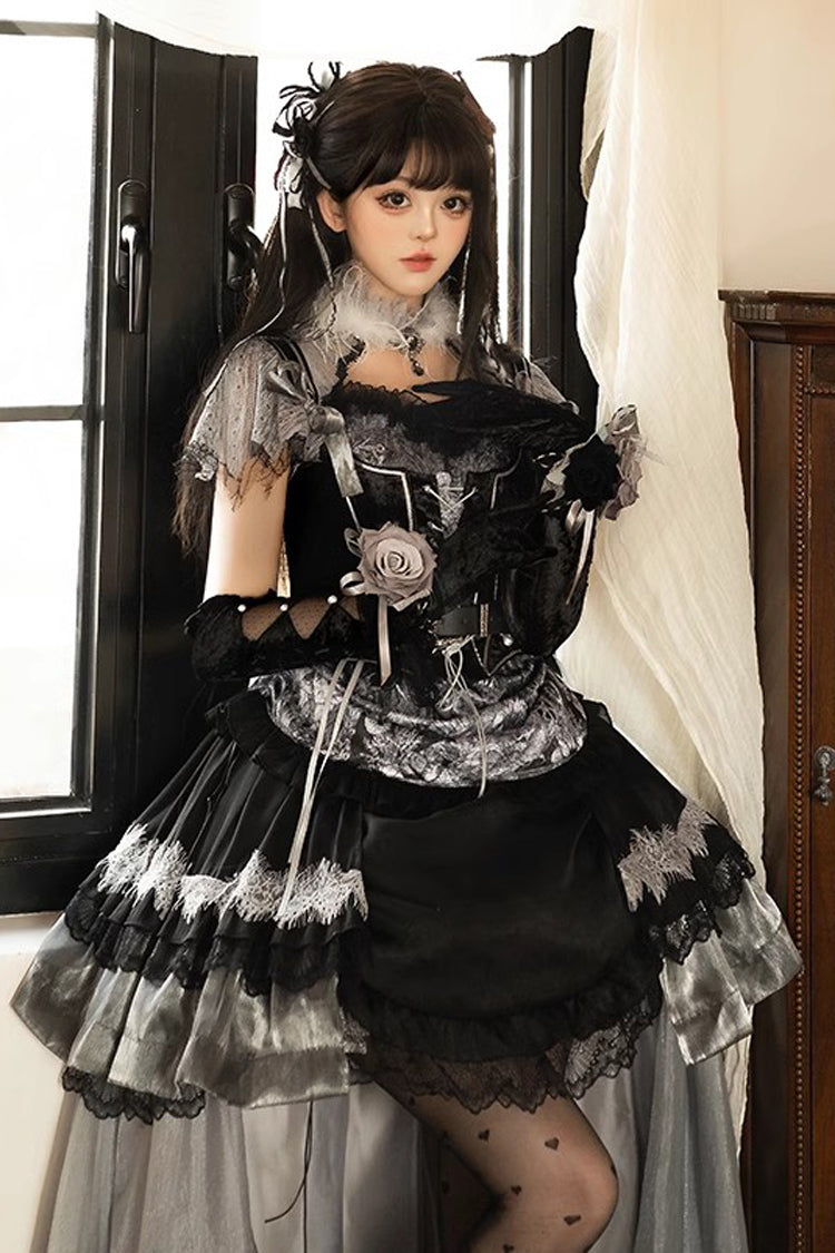 Black [Dark Night Rose] Short Sleeves Print Ruffle Bowknot Lace Asymmetric Gothic Lolita Dress