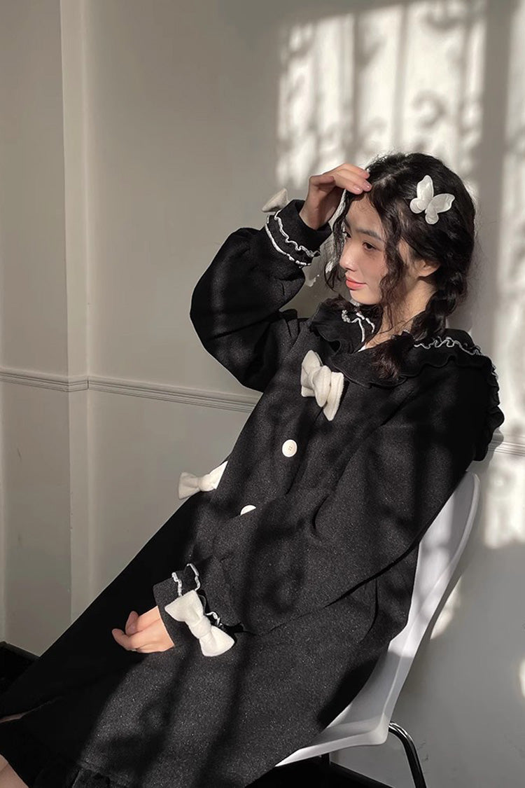 Black [Bouquet Bear] Doll Collar Long Sleeves Ruffle Bowknot Princess Lolita Coat