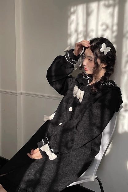 Black [Bouquet Bear] Doll Collar Long Sleeves Ruffle Bowknot Princess Lolita Coat