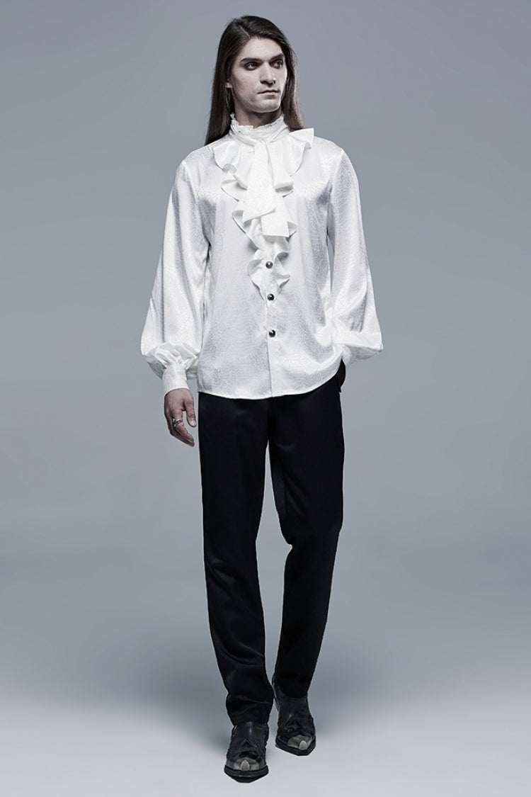 White Gothic Jacquard High Collar Front Chest Flounce Retro Metal Button Lantern Sleeve Men's Shirt