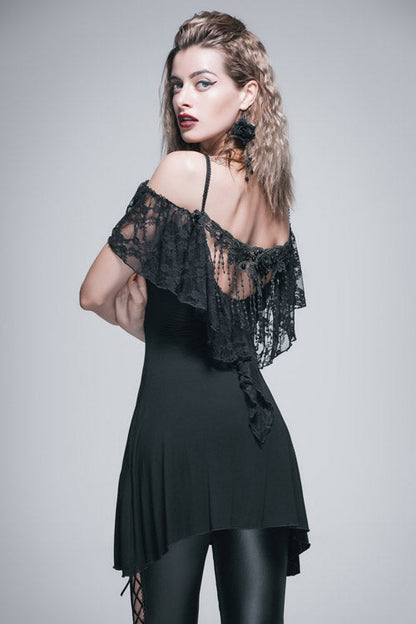 Black Sexy Rose Lace Tassel Back Over Hip Womens Long Gothic T-Shirt