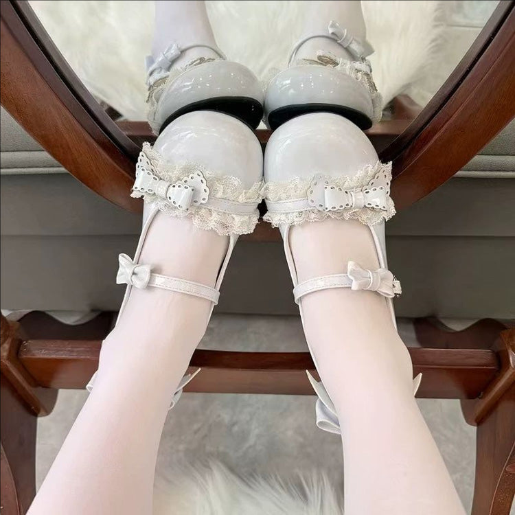 Round Toe Bow Lace Trim Lolita Mary Jane Shoes with Cat Paw Mid Heels 6 Colors
