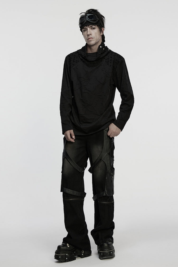 Black Stand Collar Long Sleeves Embroidered Ripped Studded Loose Men's Punk T-Shirt