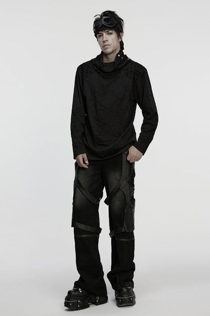 Black Stand Collar Long Sleeves Embroidered Ripped Studded Loose Men's Punk T-Shirt