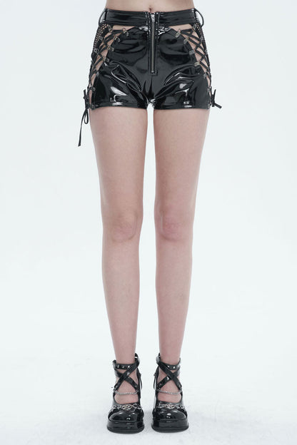 Black Stretch Shiny Panel Diamond Mesh Sexy Women's Gothic Shorts