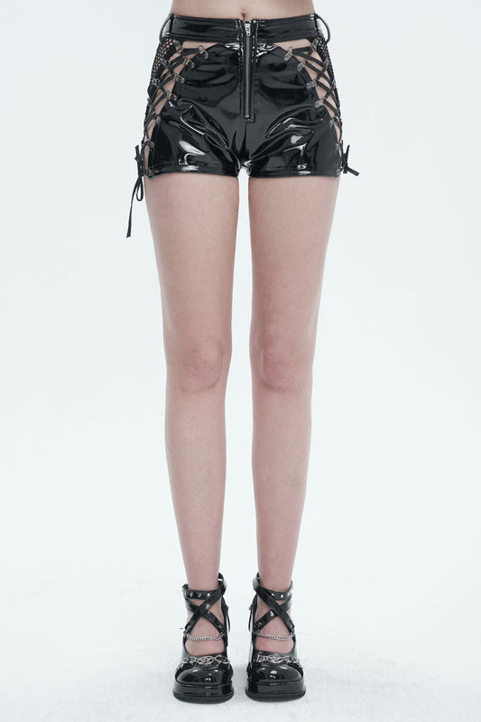 Black Stretch Shiny Panel Diamond Mesh Sexy Women's Gothic Shorts