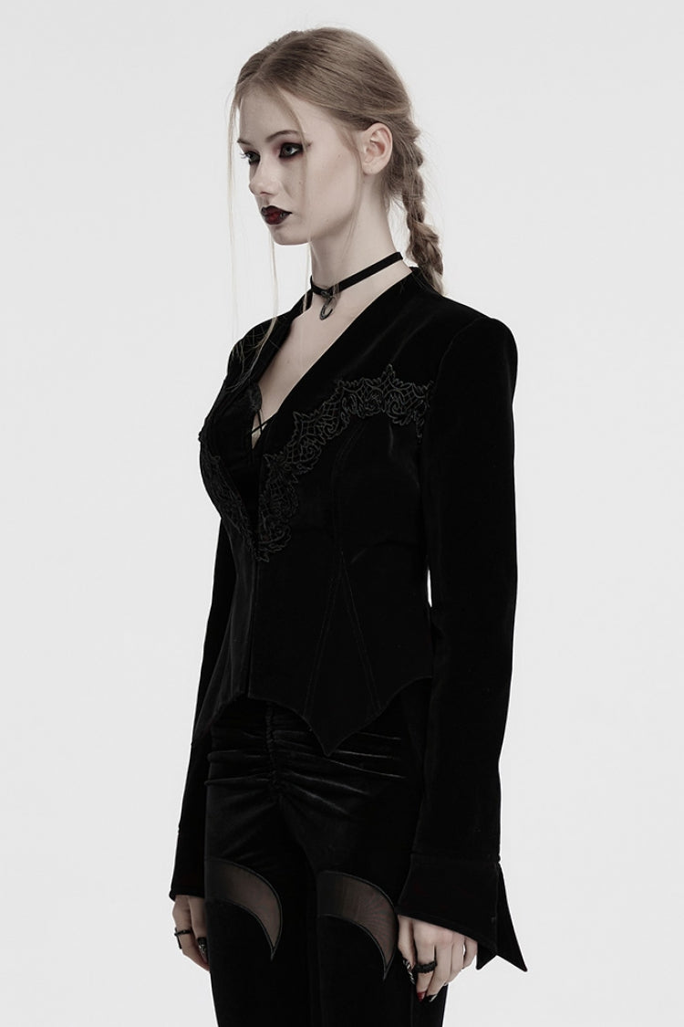Black V Collar Long Sleeves Floral Embroidery Lace-Up Women's Gothic Jacket