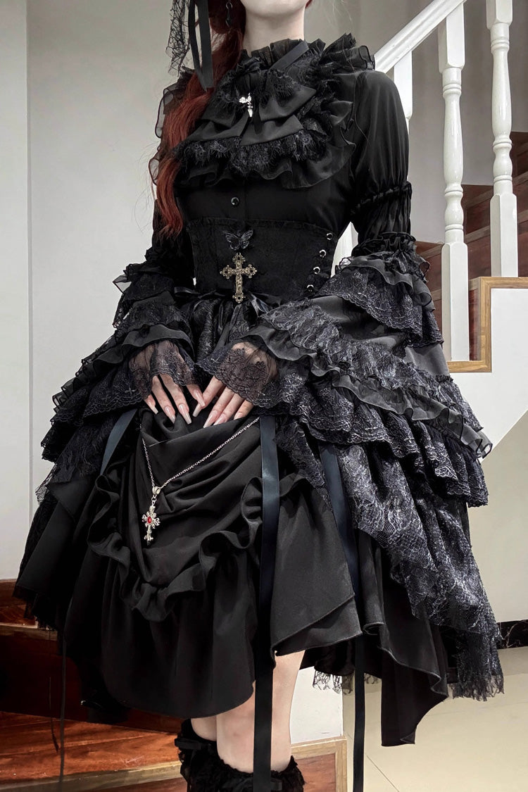 Black [Eternal Taboo] Long Hime Sleeves Ruffled Bow Gothic Lolita Skirt Dress Set