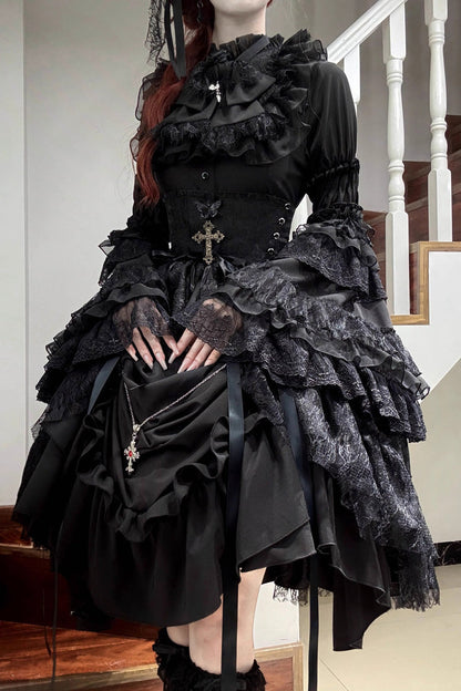 Black [Eternal Taboo] Long Hime Sleeves Ruffled Bow Gothic Lolita Skirt Dress Set