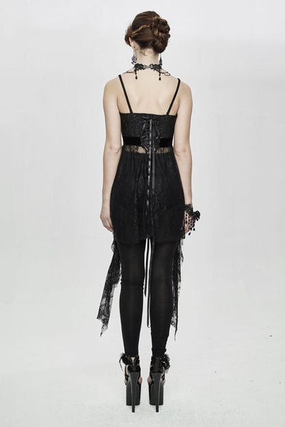 Black Versatile Translucent Sweep Sexy Lace Womens Gothic Dress With Shoulder Straps