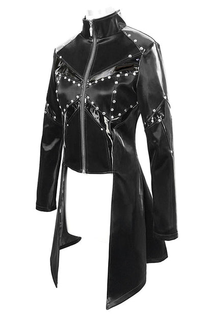 Black Rivet Bright Leather Zipper Long Womens Punk Coat