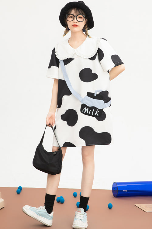Black/White Doll Collar Short Sleeves Milk Cow Print Sweet Lolita Dress