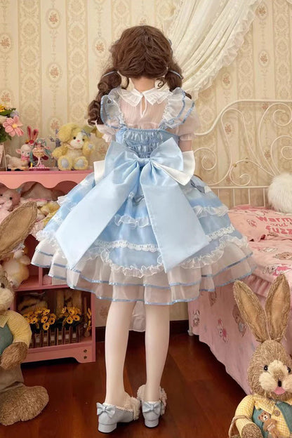 Blue Multi-layer Ruffle Bowknot Lace-Up Ballet Style Sweet Princess Lolita Tiered Dress