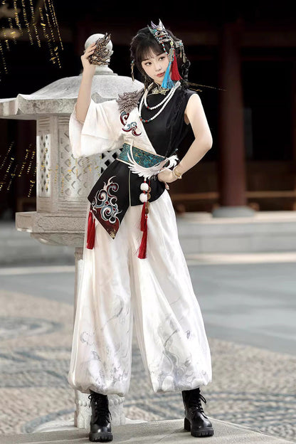 Black/White Stand Collar Single Long Sleeve Printed Embroidered Asymmetric Chinese Style Ouji Set