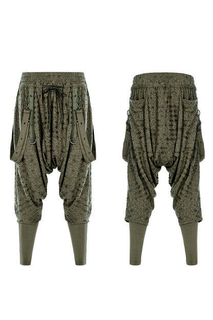 Green Ripped Men's Punk Sagging Pants with Straps