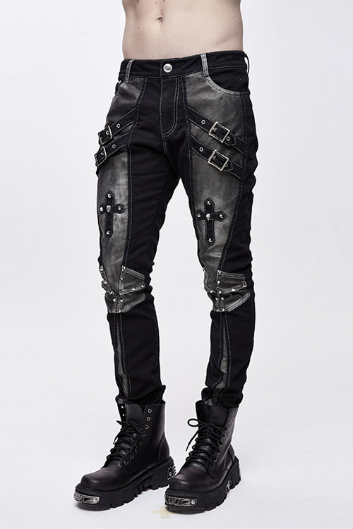 Black With Silver Punk Hand Rubbed Leather With Loops Mens Pants