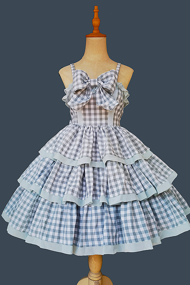 Blue [Cloth Cat] Triple-Layered Plaid Print Ruffle Bowknot Sweet Lolita Dress 2 Colors