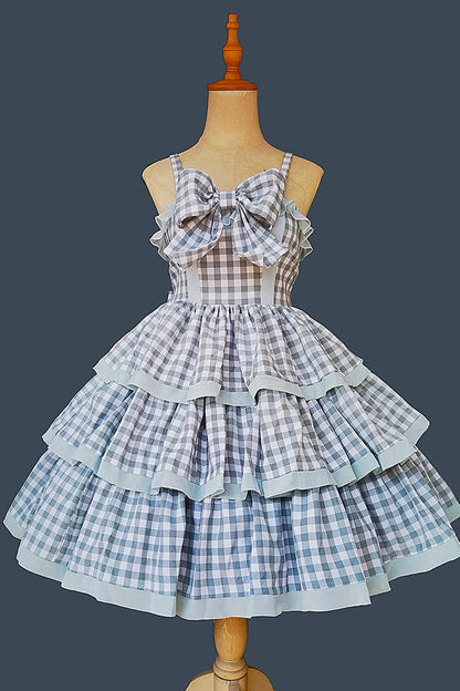 Blue [Cloth Cat] Triple-Layered Plaid Print Ruffle Bowknot Sweet Lolita Dress 2 Colors