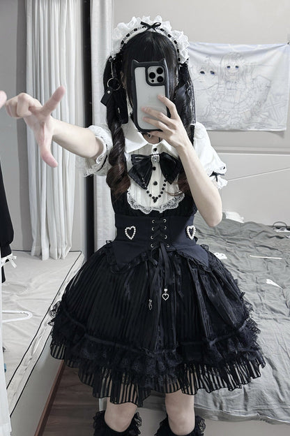 Black/White [Dream Night Song] Short Sleeves Stripe Print Bowknot Lace Gothic Jirai Kei Dress