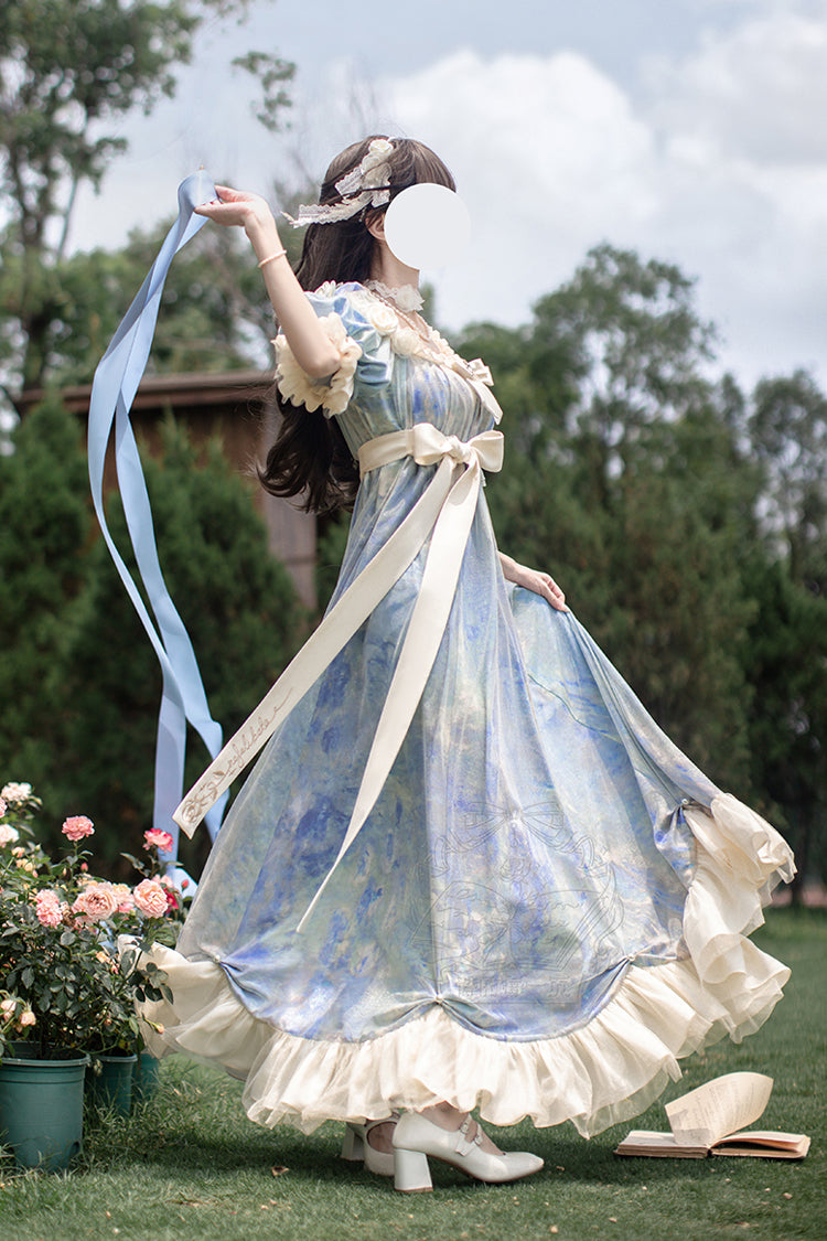 Blue [Oil Painting Sun and Moon Poem] Short Sleeves Print Ruffle Bowknot Sweet Princess Lolita Dress