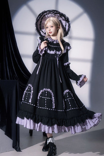 Black [Twin Lilian] Round Collar Long Sleeves Double-Layered Ruffled Bow Lace-Up Gothic Lolita Dress