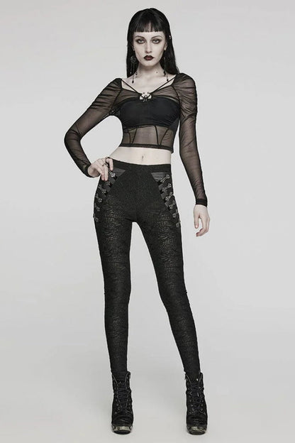 Black Square Collar Long Sleeves Transparent Lace-Up Womens Gothic T-Shirt