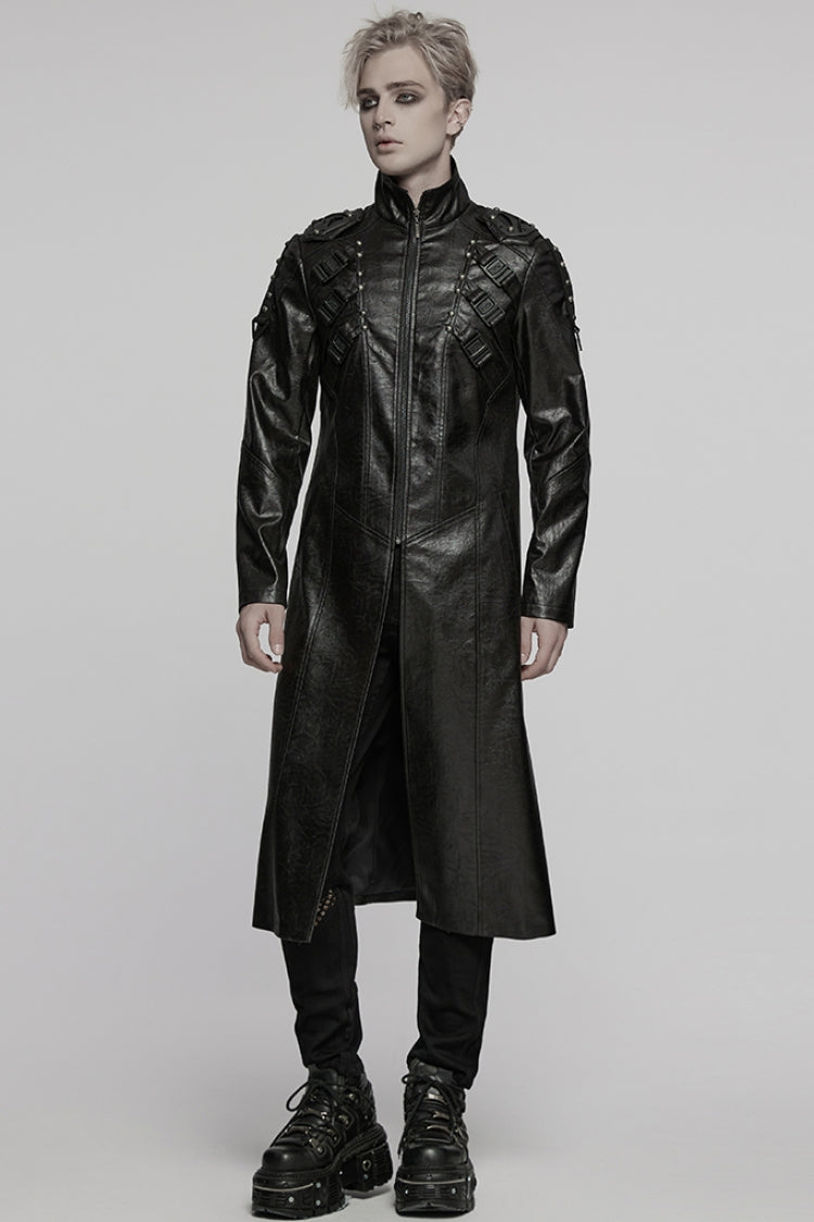 Black Stand Collar Long Sleeves Faux Leather Buckle Men's Punk Coat