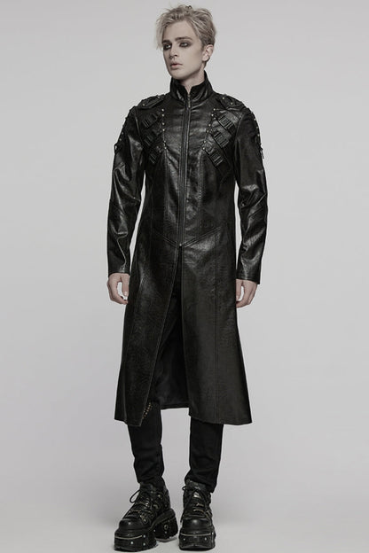 Black Stand Collar Long Sleeves Faux Leather Buckle Men's Punk Coat