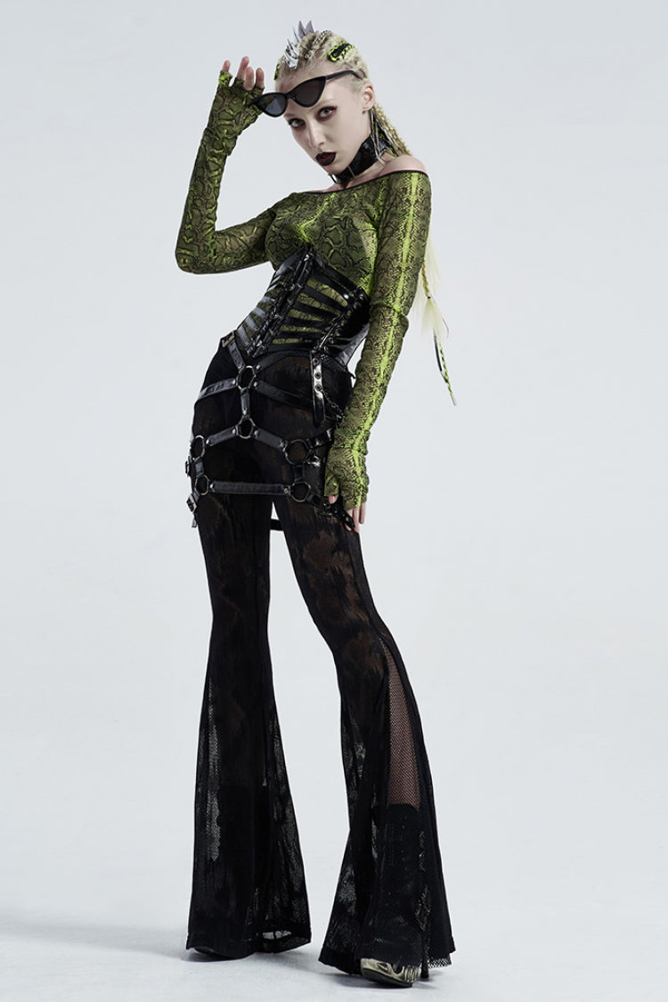 Black Python Print Mesh Women's Gothic Flared Pants