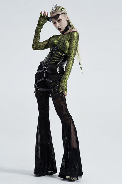 Black Python Print Mesh Women's Gothic Flared Pants