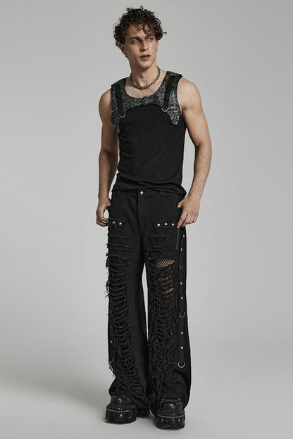 Metal Rivet Decoration Stitching Mesh Ripped Men's Steampunk Straight Pants 2 Colors