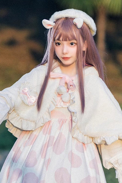 Ivory Plush Bunny Ears Bowknot Sweet Princess Lolita Cloak Coat