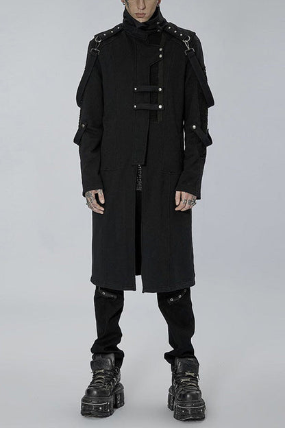 Black Punk Asymmetry High Collar Placket Metal Shoulder Detachable Webbing Men's Knitted Coat