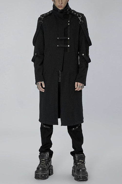 Black Punk Asymmetry High Collar Placket Metal Shoulder Detachable Webbing Men's Knitted Coat
