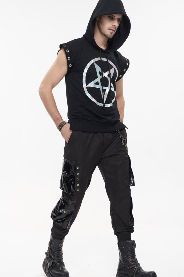 Black Punk Multi Pocket Splicing Illusory Color Removable Metal Left Chain Design Cargo Men's Pants