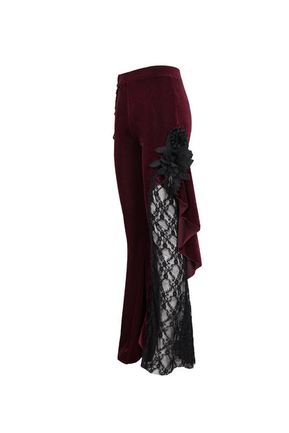 Red Velvet Single Side Stitching Rose Net Side Rope Decoration Asymmetric Pattern Flare Women's Gothic Pants