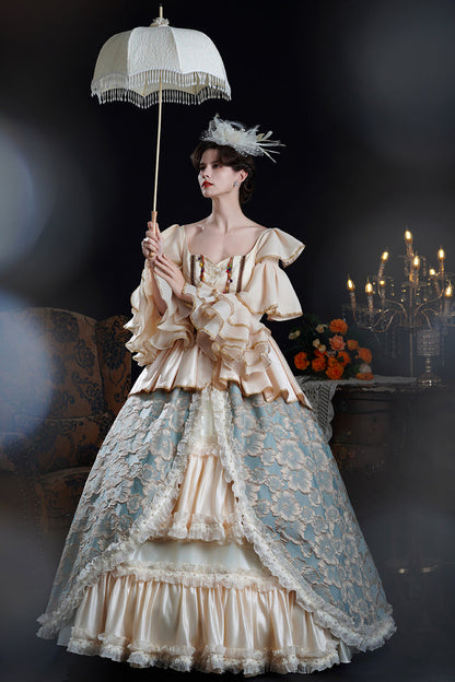 Blue/Champagne Half Trumpet Sleeves Ruffle Embroidery Cardigan Lace Classic Princess Palace Lolita Victorian Dress