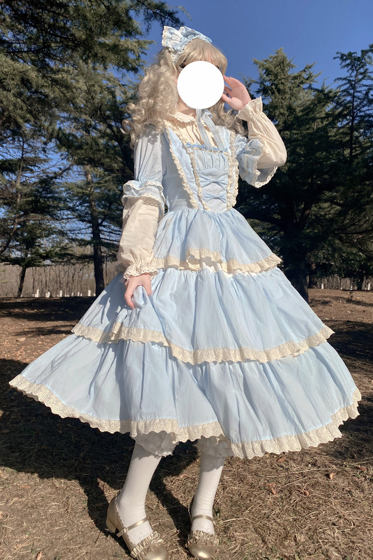 Blue Lapel Collar Long Sleeves High Waisted Multi-layer Bowknot Sweet Lolita Dress