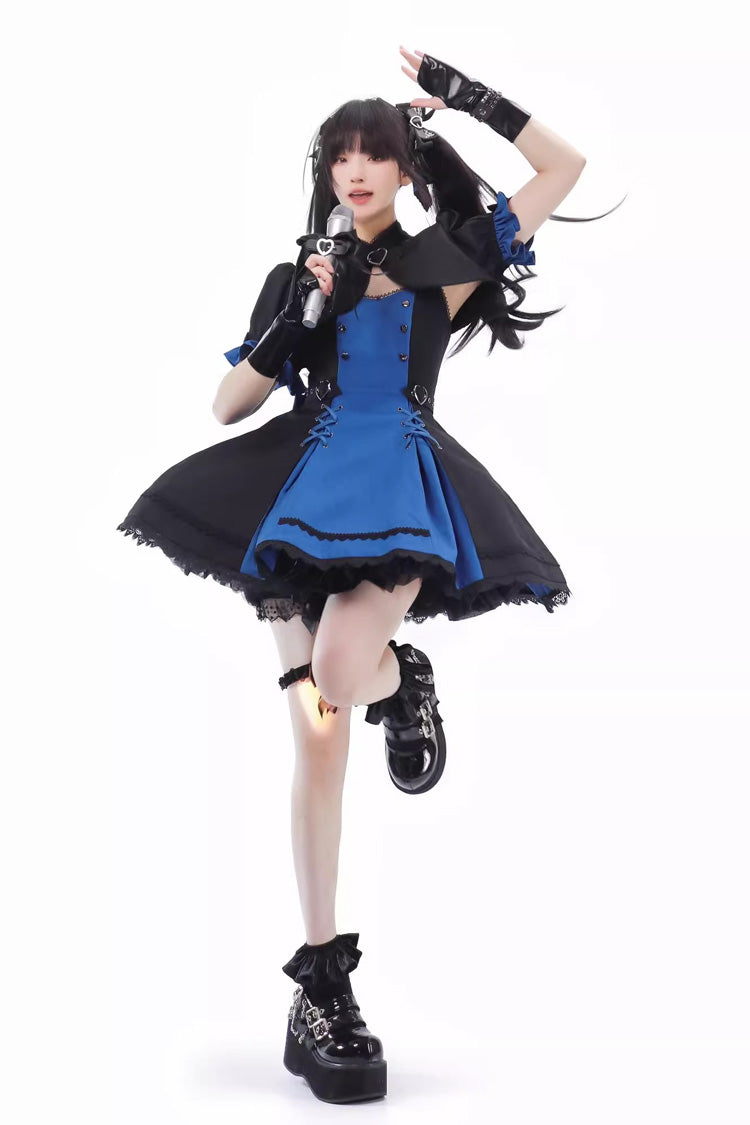 Black/Blue [Night Liana] Ruffle Bowknot Lace-Up Sweet Japanese Lolita Jumper Dress Set