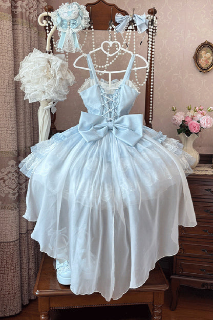 Blue [Dance of Time] Sleeveless Triple-Layered Ruffle Bowknot Lace Lace-Up Sweet Ballet Lolita Jsk Dress