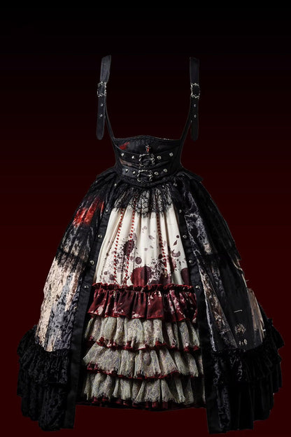 [Heretical Nun] Sleeveless Multi-Layered Printed Ruffled Open-Front Gothic Plus Size Lolita Strap Dress Short Version 2 Colors