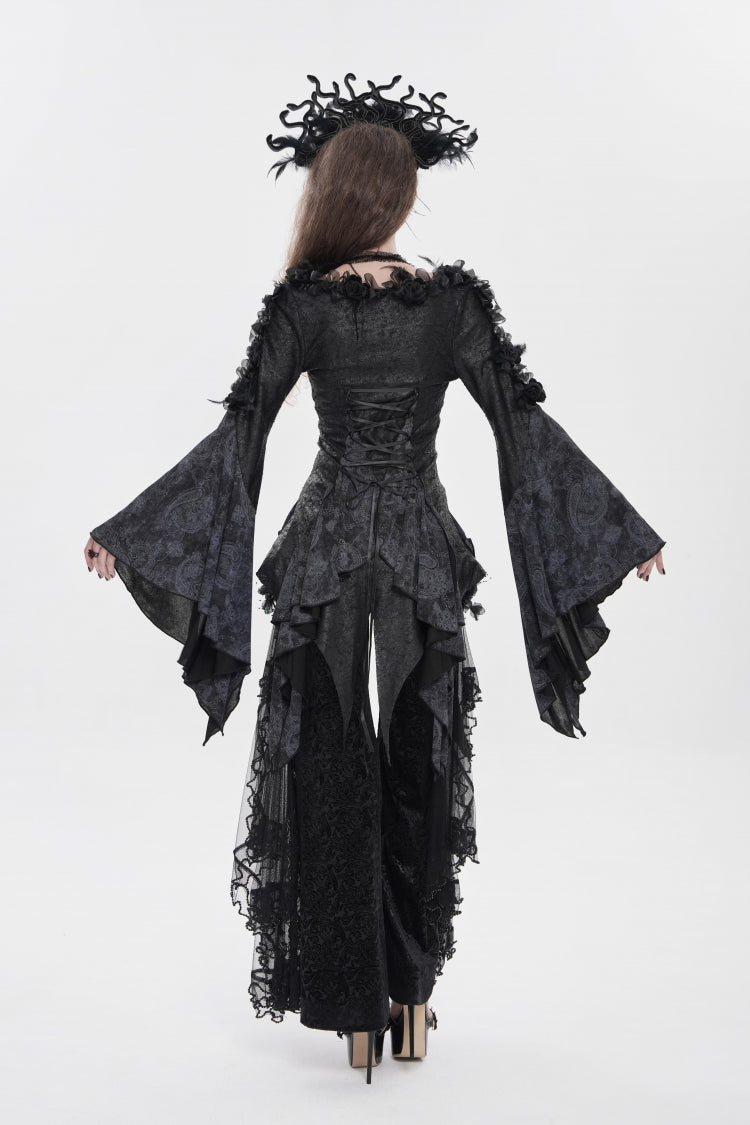 Black V Collar Long Trumpet Sleeves Printed Slim Women's Gothic Rose Feather Gorgeous Blouse