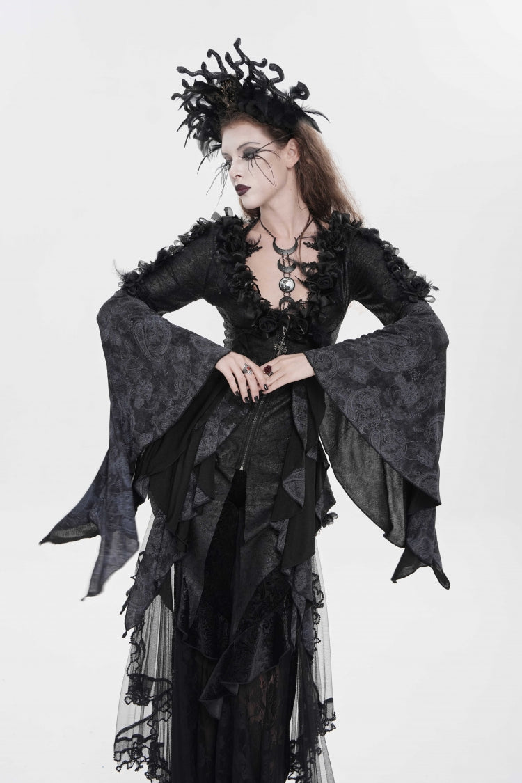 Black V Collar Long Trumpet Sleeves Printed Slim Women's Gothic Rose Feather Gorgeous Blouse