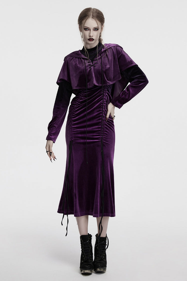 Black/Purple Drawstring Long Sleeves Gradient Women's Gothic Dress