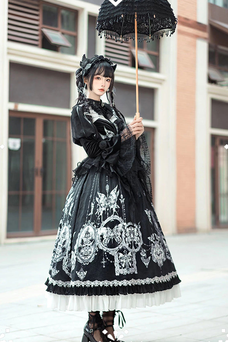 Black [Feast of Bones] Print Ruffle Bowknot Lace Gothic Elegant Lolita Long Dress
