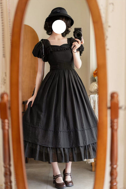 Black [Forest Gallery] Square Collar Short Sleeves Ruffled Bow Classic Vintage Elegant Lolita Dress
