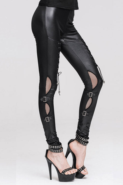 Black Punk Hollow Out Leather Loops Lace Up Leggings Womens Pants